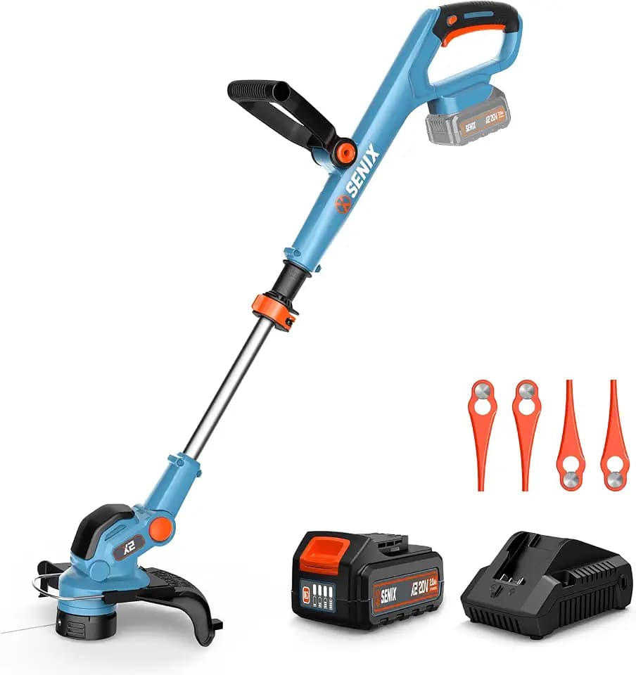 SENIX 20V 12" String Trimmer and Edger, 10'' Plastic Blades Weed Wacker, Telescopic Shaft, w/2.0Ah Battery & 2A Charger
