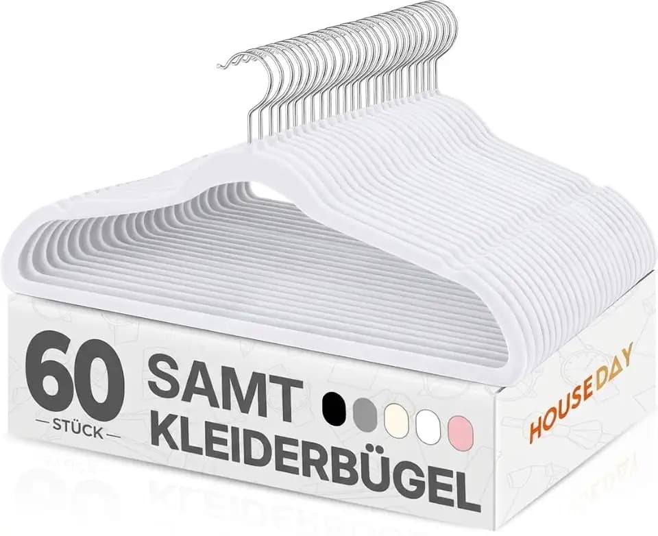 HOUSE DAY Kleiderbügel Samt 60 Stück, Kleiderbügel Platzsparend, Weiß | Rutschfeste, Schmale Bügel mit 360° drehbarem Haken, Premium Anzugbügel für mehr Ordnung und Platz im Kleiderschrank