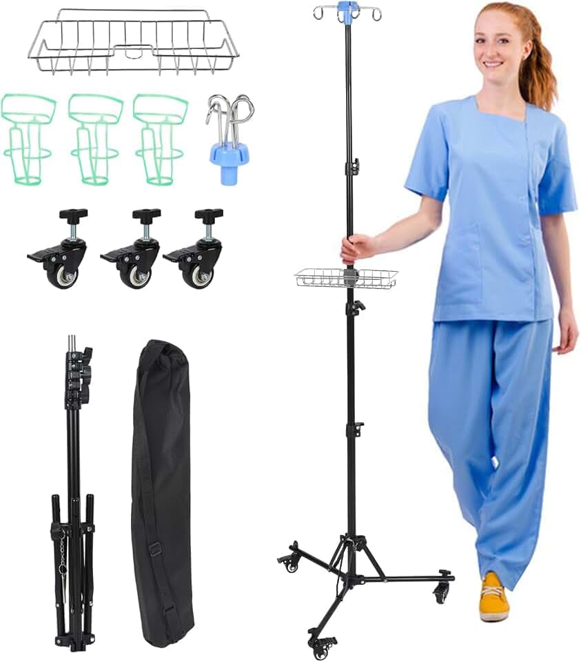 Infusionsständer mit Rollen und Ablagekorb, Faltbar Höhenverstellbar IV-Ständer mit 4 Haken und 3 Rädern, Tragbarer Infusionsständer für Krankenhaus, Hauspflege und Unterwegs (mit Ablagekorb)