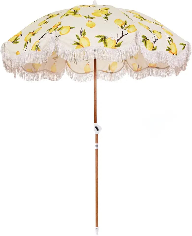 Business & Pleasure Co. Holiday Umbrella - Boho Beach Umbrella with White Fringe, UPF 50+, 1" Tilting Wood Pole, 5’ x 6.5’, Vintage Lemons