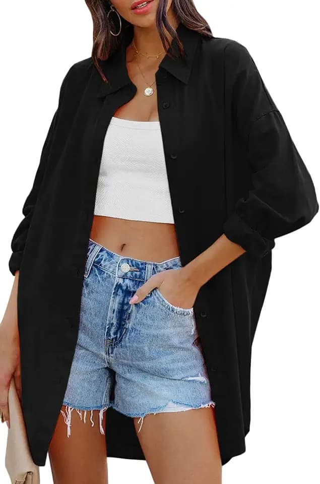 Cicy Bell Damen Bluse Oversized Langarm Button Down mit Taschen