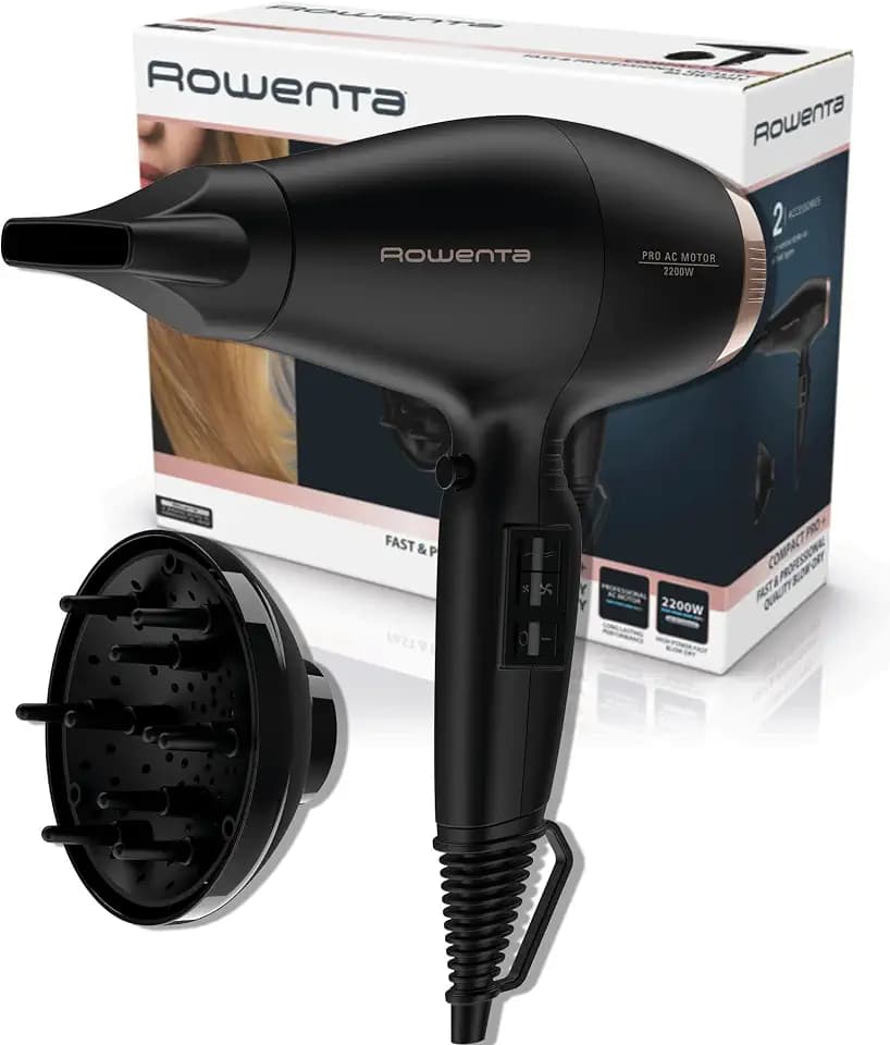 Rowenta Compact Pro Haartrockner, hohe Leistung, 220 W, professioneller AC-Motor, hohe Leistung, 4 Einstellungen/Temperatur, Kaltluft, 9 mm Konzentratordüse, Lockenverteiler, CV6930