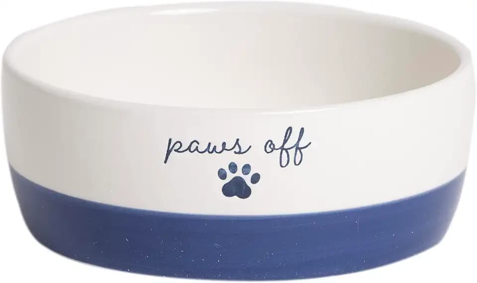 Pearhead Ceramic Cat Bowl, Holds 12 oz, Navy Blue “Paws Off” Design