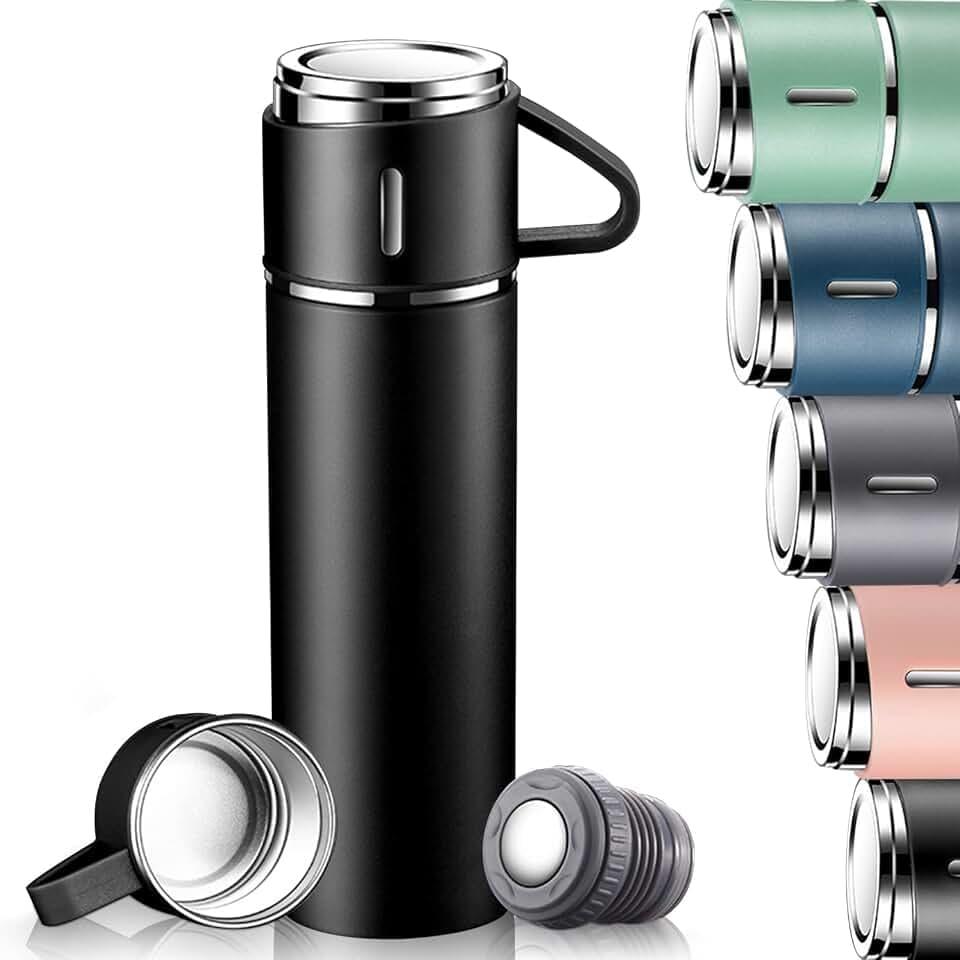 Thermosflasche, Trinkflasche Edelstahl HäLt 10 Stunden Heiß und Kalt, Isolierflasche 500Ml mit Auslaufsicher Deckel und Griff, Thermoskanne für Unterwegs, Arbeit, Schule, Kinder, Baby, Schwarz