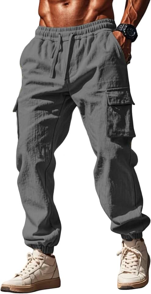 Leinenhose Herren Hose Chino Cargo Hose Leicht Weisse Jogginghose Freizeithose Männer Yoga Sommerhose mit Taschen Sporthose Casual Sweatpants