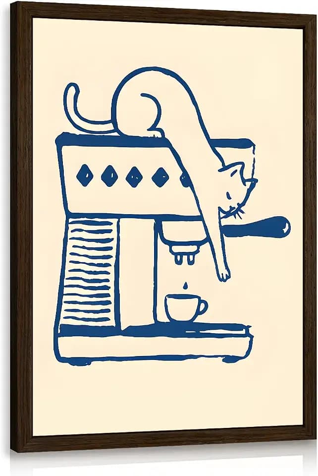INJOLLY Wood Framed Funny Cat Making Coffee Wall Art 12x16 in