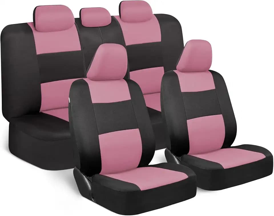 BDK PolyPro Car Seat Covers Full Set in Pink on Black, Front and Rear Split Bench Seat Covers for Cars, Easy to Install Car Seats Cover Set and Accessories for Auto Trucks Van SUV - Pink