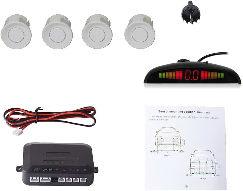CoCar Auto Rückfahrwarner Einparkhilfe 4 Parksensoren Einparkassistent Einparksystem PDC + LED Anzeigen + Akustische Warnung - Weiß