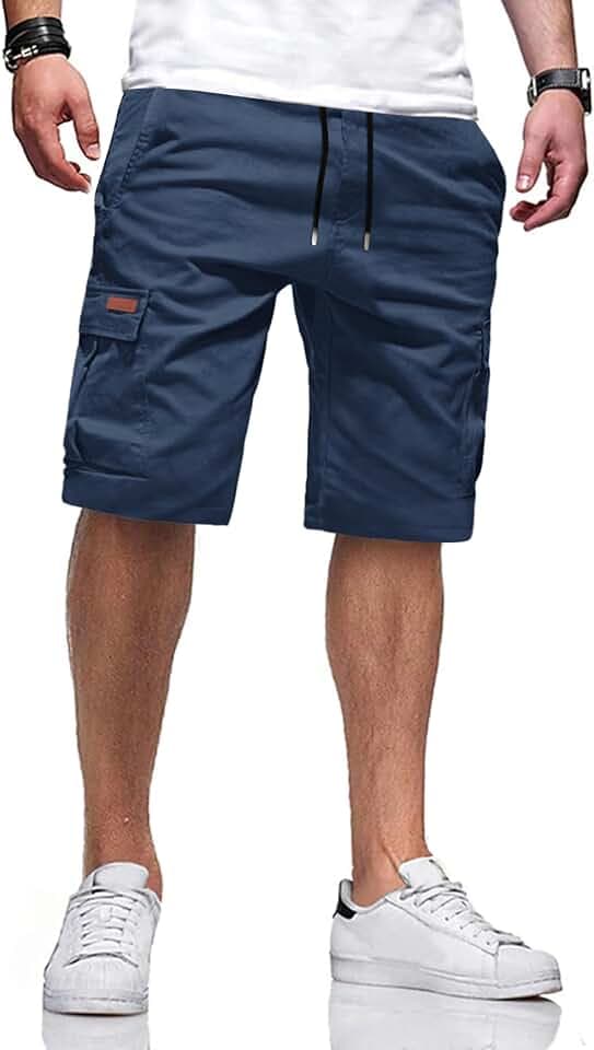 TARAINYA Cargo Kurze Hosen Herren Baumwolle Bermuda Sommer Chino Shorts Hose Herren Tunnelzug Elastische Taille mit 6 Taschen Dunkelblau M