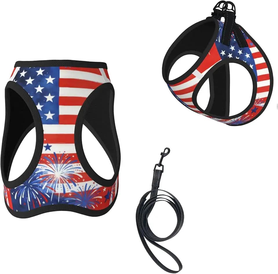 4th of July Patriotic Reflective Dog Harness with Leash, Blue Red Striped Flag Soft Vest Harness for Small Medium Large Dog Puppy Pets (Medium Size)