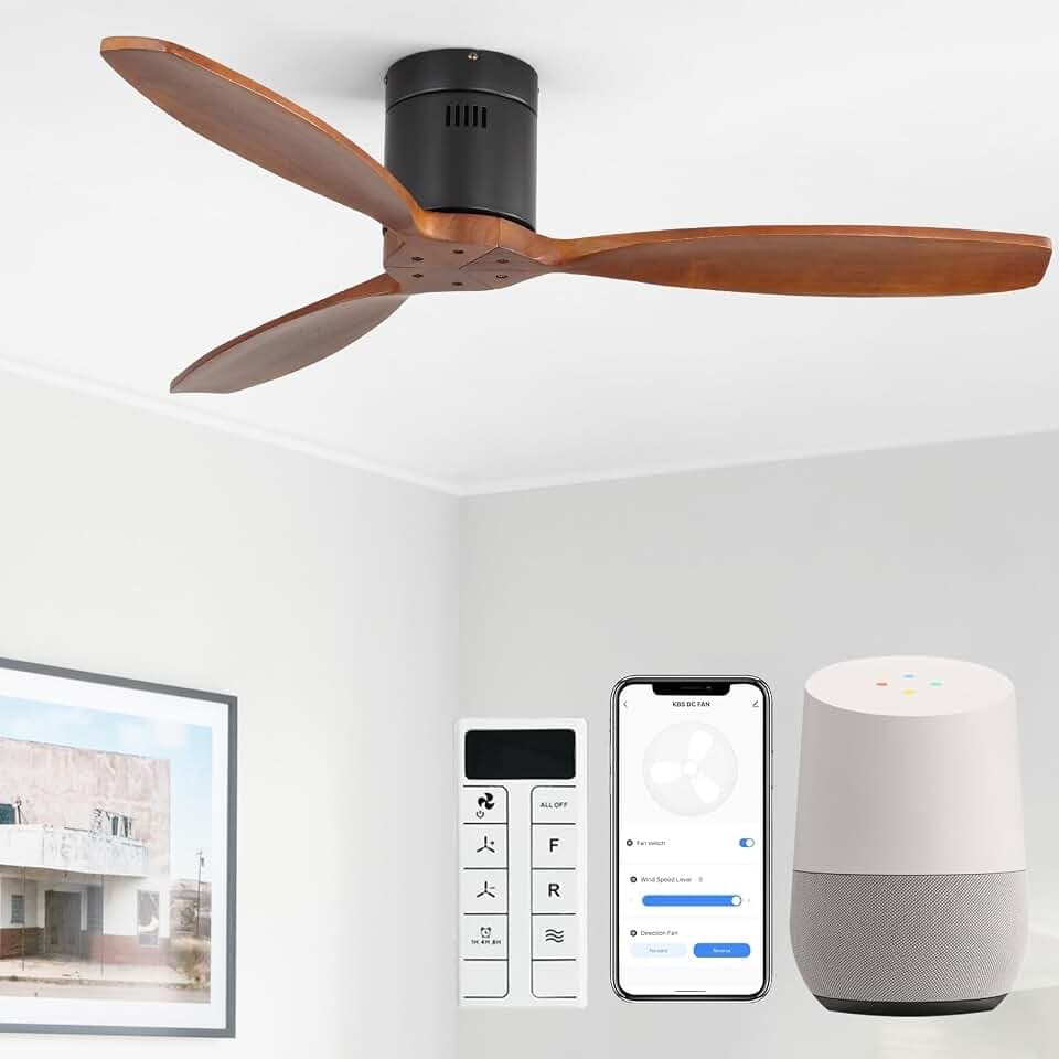 Sofucor 52 Inch Smart Wood Ceiling Fan No Light, App Control, Flush Mount