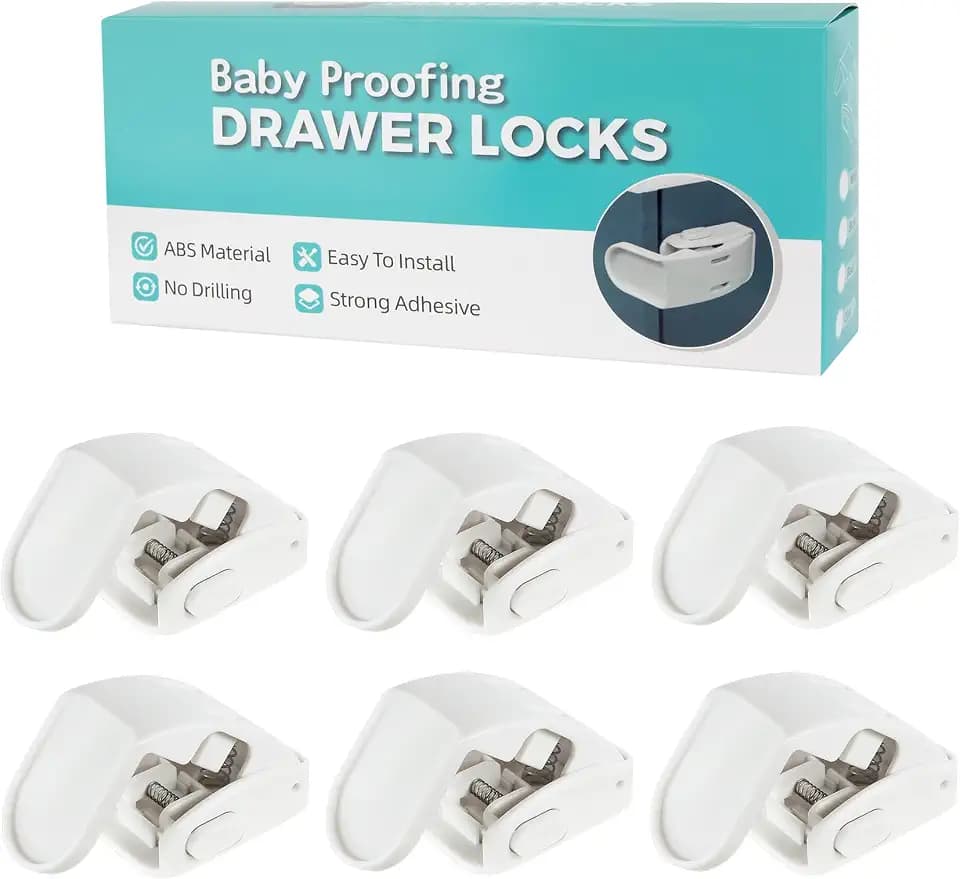 6-Pack Drawer Locks Baby Proofing, Maveek 90° Right Angle Lock For Bedside Corner Nightstand Drawer Cabinet Kitchen Cupboard Dresser Pull-out Drawers, Furniture Latch For 0-12 Month Toddler (6 White)