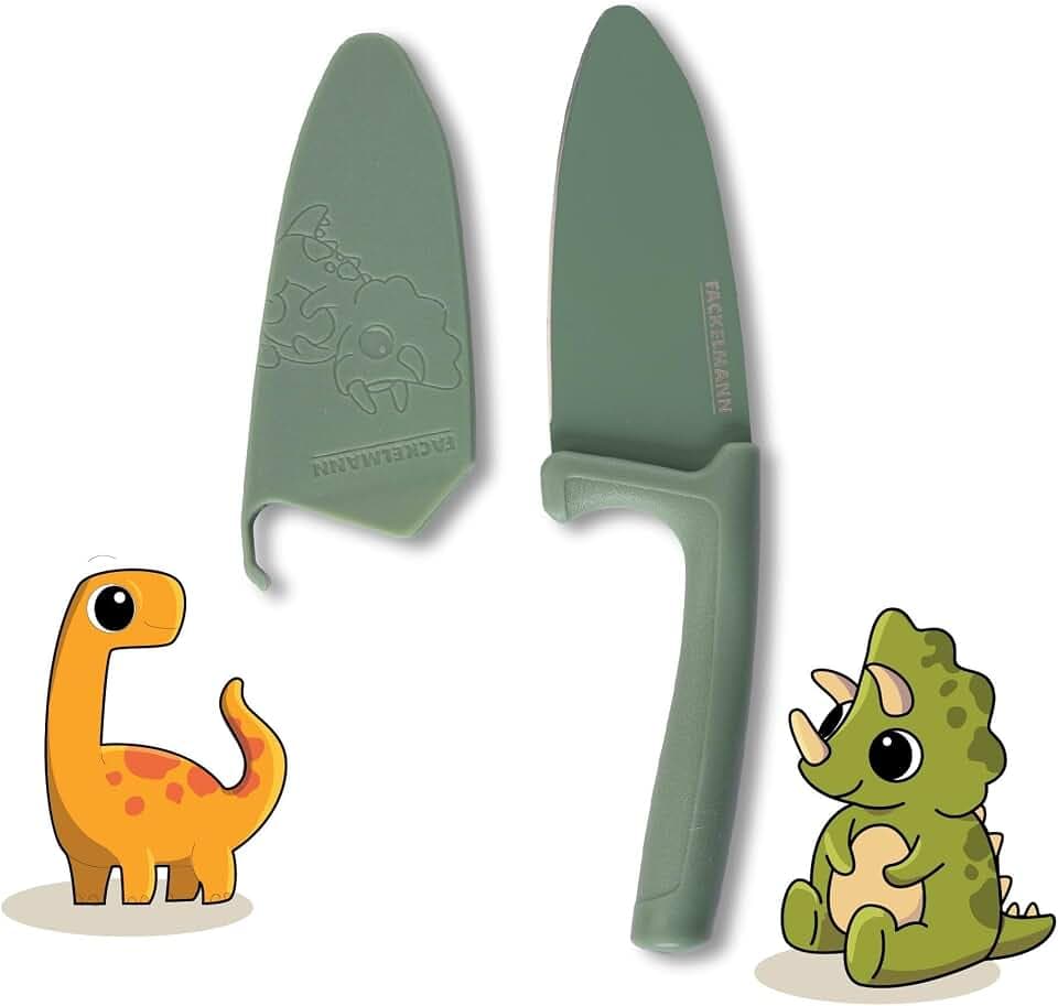 Fackelmann Kinderkochmesser Dino mit Klingenschutz – Hochwertige Edelstahlklinge mit abgerundeter Spitze, Antihaftbeschichtung, ergonomischer Griff, inkl. Klingenschutz in Dino-Optik