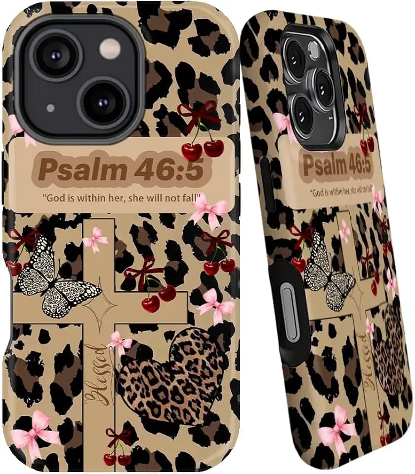 Leopard Cherry Christian Phone Case for iPhone 13/14 Protective Cover