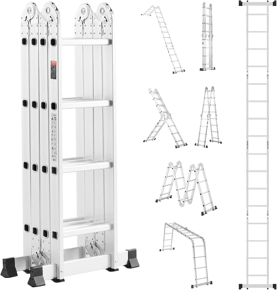 VEVOR Mehrzweckleiter, 7-in-1-Multifunktionsleiter, Teleskopleiter mit A-Rahmen und 4 Stufen, Leitergerüst 4600 mm, verstellbare Hochleistungsleiter, 150 kg Tragkraft für den Außenbereich zu Hause