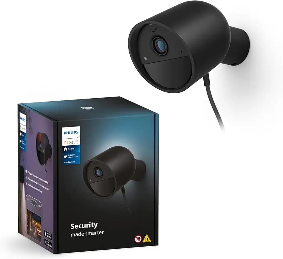 PHILIPS Hue Secure Wired Smart Home Security Camera, Black, 1 Pack, 1080P HD, Night Vision Camera, Motion Detection Home Security System, Two-Way Talk, Indoor/Outdoor, Weatherproof, Works with Hue App