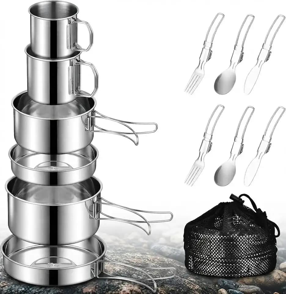 12 Stück Camping Kochgeschirr Mess Kit - 304 Edelstahl Camping Koch Set