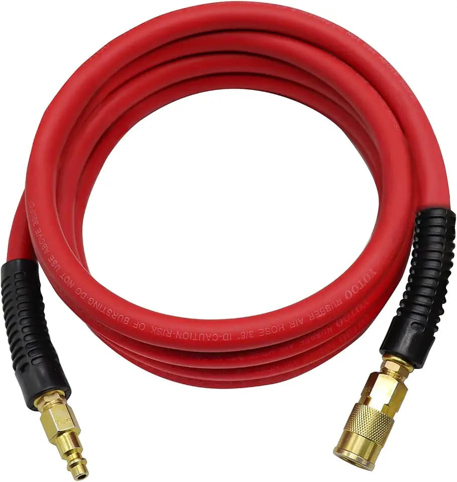 YOTOO Rubber Lead-in Air Hose 3/8-Inch by 10-Feet 300 PSI Heavy Duty, Kink Resistant, All-Weather Flexibility with 1/4-Inch Brass Male Fittings, Bend Restrictors, Red