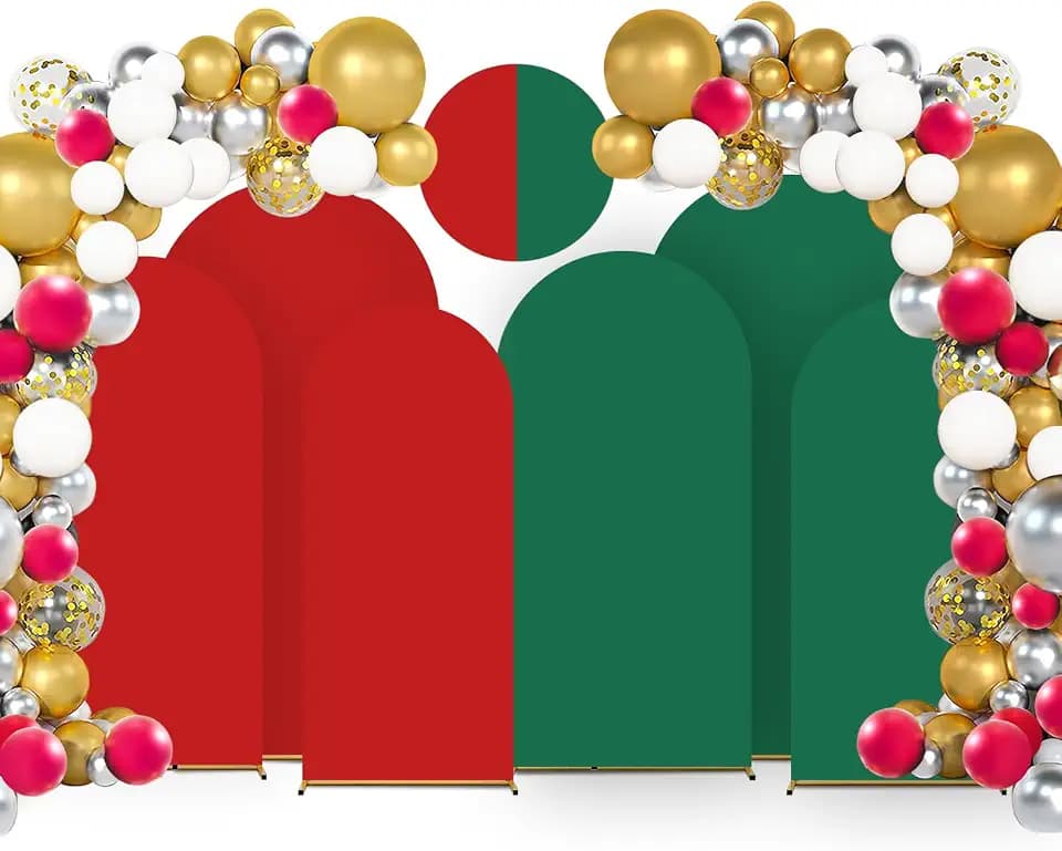 Arch Backdrop Cover Set of 3, Double Color Wedding Arch Cover (6+6.6+7.2FT) Spandex Fitted Arch Cover for Wedding Birthday Party Decoration Baby Shower New Year Christmas Graduation(Red+Green)