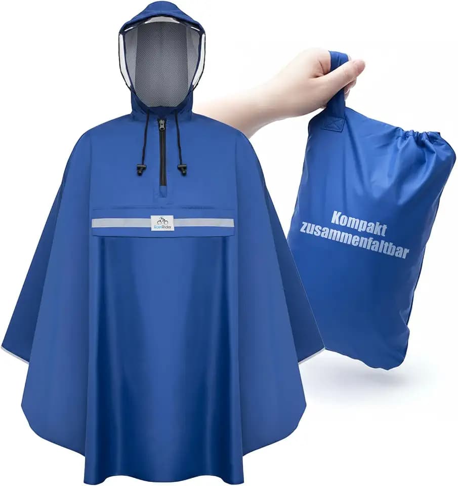 RainRider Regenponcho, Regenponcho blau für's Fahrrad, Regenbekleidung mit Kapuze inkl. Sichtfenster, Regencape Fahrrad inkl. Reflexionsstreifen - Regenmantel Männer und Frauen