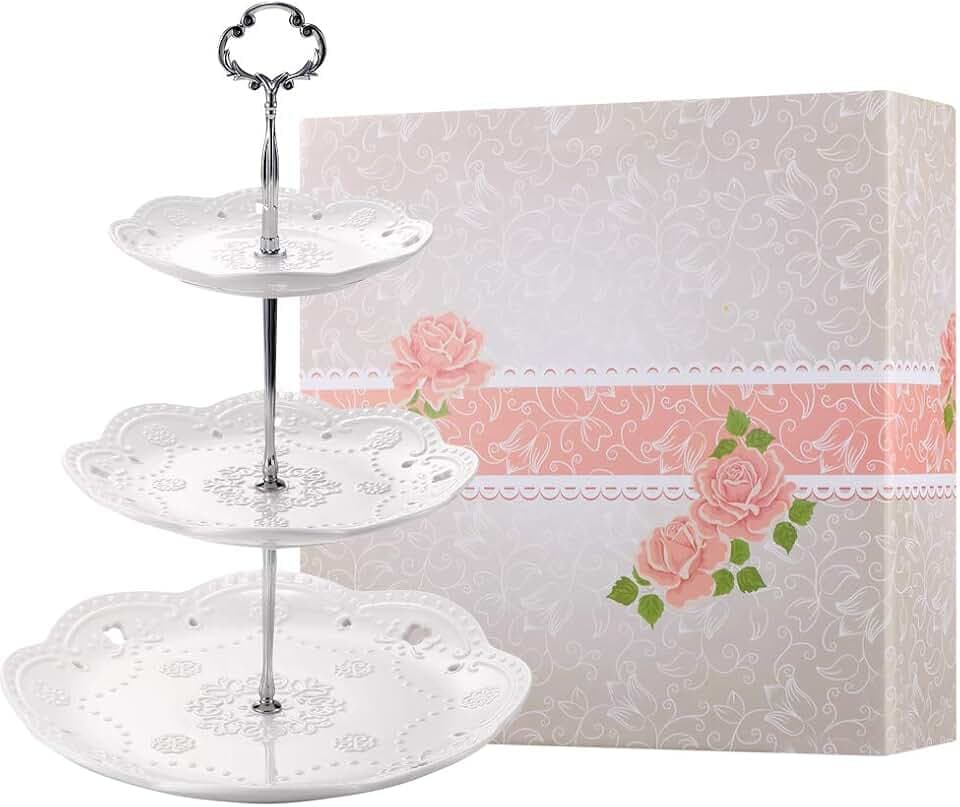 3-Tier Porcelain Cupcake Stand Serving Tray - White Embossed Elegant Dessert Cake Stand - Pastry Serving Stand for Tea Party, Wedding and Birthday
