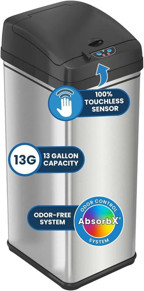 iTouchless 50L / 13 Gal. Dog-Proof Sensor Kitchen Trash Can | Odor Filter