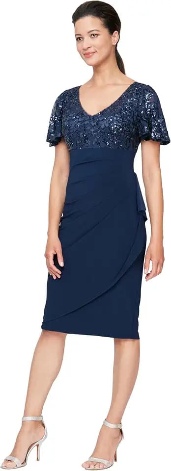 Alex Evenings Women's Knee Length V Neck Cocktail, Mother of The Bride Dress (Petite & Regular Sizes)