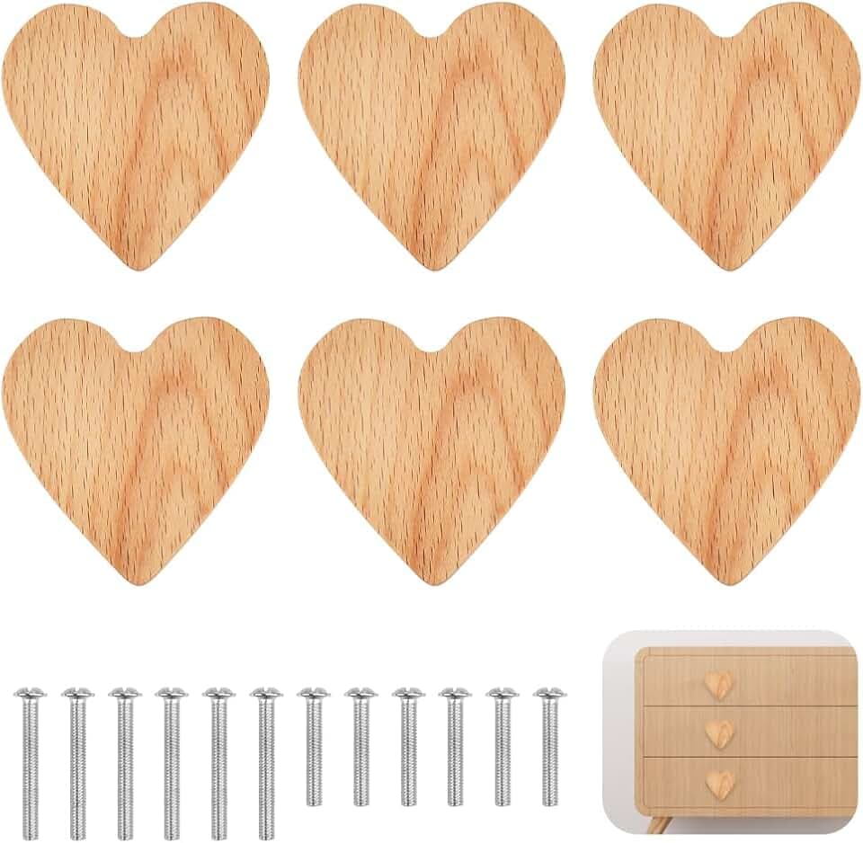 6 Stück Möbelgriffe, Herzförmig Holzgriffe für Schränke, Schubladengriffe, Möbelgriff aus Holz, Schubladenknöpfe, Schrankknöpfe, Holzknäufe, Schrankknauf, Möbelknöpfe für Schubladen Möbel