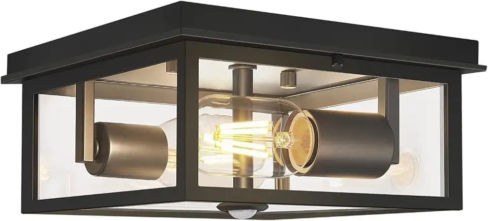 Motion Sensor Outdoor Ceiling Light with Remote, 8.5 Inch Matte Black Flush Mount Porch Light Fixture with United Glass Cover, 5 Modes Outside Flush Mount Light for Porch, Garage, Patio, Entryway