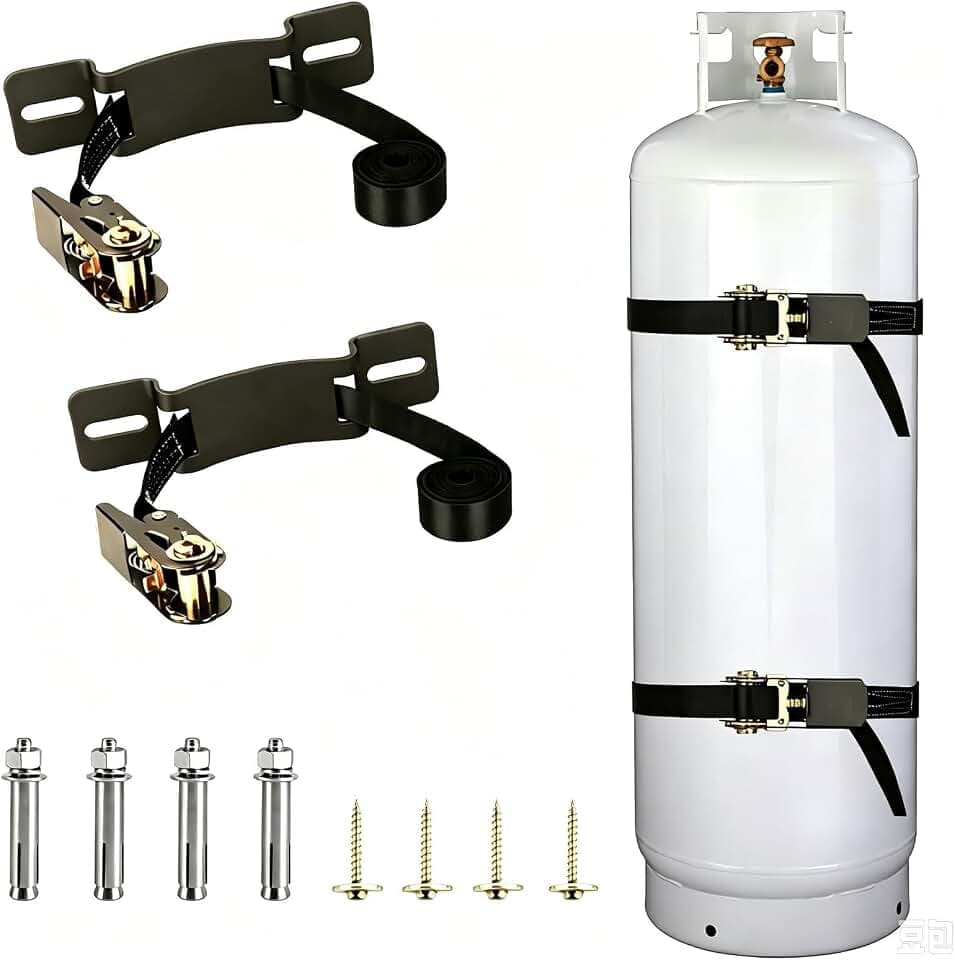 Propane Tank Holder ,Cylinder Wall Mounted Brackets, Ratchet Straps(6.6ft ), Steel Gas Cylinder Holder, Heavy Duty Gas Cylinder Holder Wall-Mounted Bracket。 (Black 2)