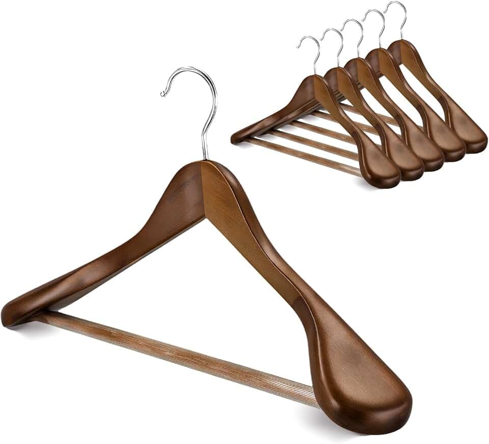 Premium Holzbügel-Set 6er – Extrabreite Schultern & 360°-Drehhaken | Mit Hosensteg für Mäntel, Jacken & Kleider | Glatte Oberfläche (Naturholz)