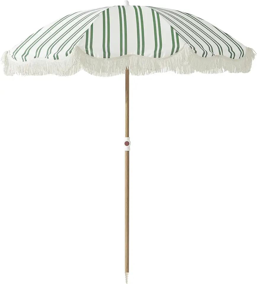 6FT Striped Fringe Beach Umbrella, Sand Anchor, UPF 50+ Sun Shade