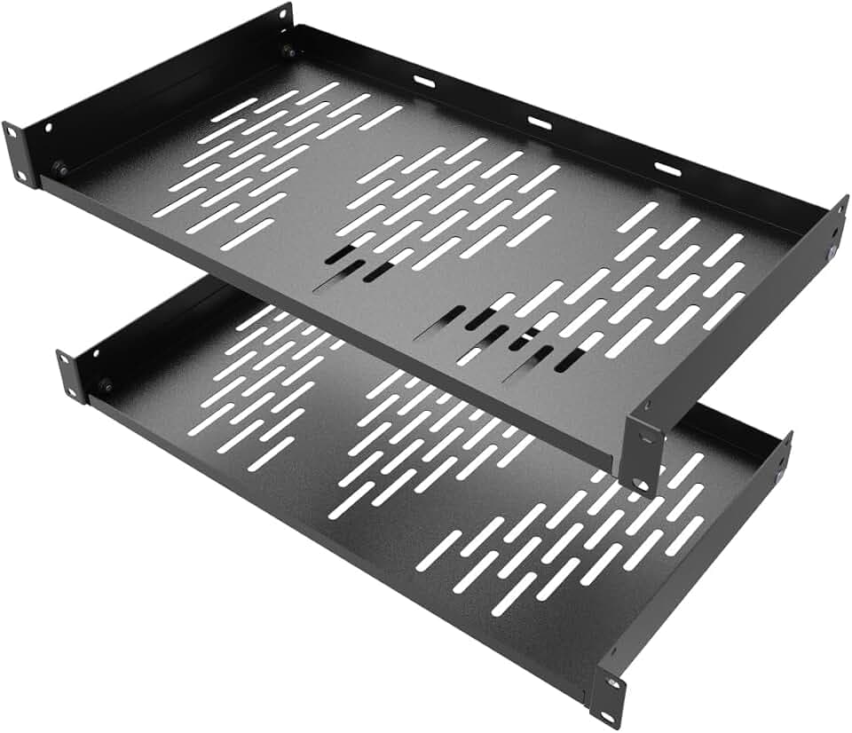 Beiyier 2PCS 1U Universal Server Rack Shelf, 10" Deep Vented Cantilever Mount Tray, for 19” Network Equipment Rack & Cabinet (Black)