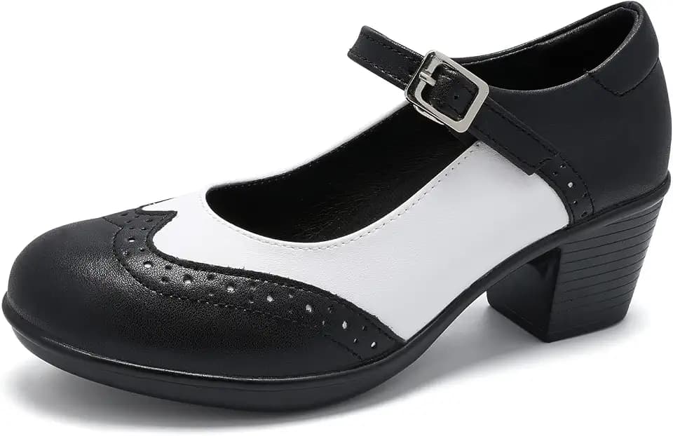 Women's Mary Jane Shoes (Merceditas Mujer), Block Heel Pumps with Oxford Brogue Detail, Vintage Wingtip Comfortable Faux Leather Dress Heels for Work & Business Casual