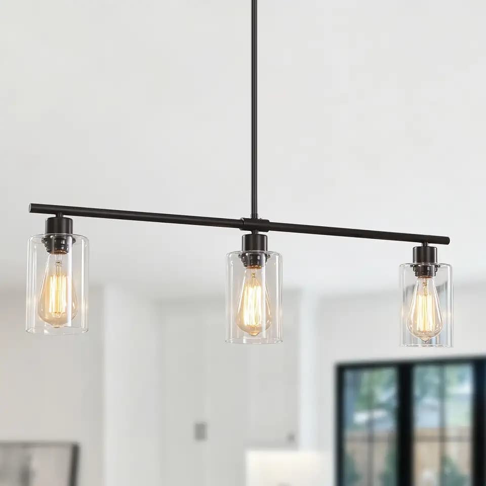 Kitchen Island Lighting, 3-Light Black Island Lights for Dining Room Light Fixture Over Table, Modern Linear Chandelier with Clear Glass Shade, 31" Farmhouse Hanging Pendant Light Fixtures for Kitchen