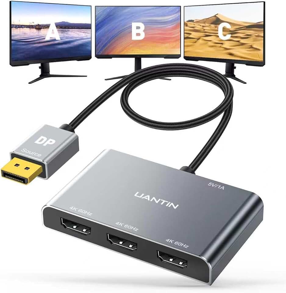 UANTIN DisplayPort auf HDMI Splitter für 3 Monitore Erweiterter Displayadapter 4K@60Hz 1 DP in 3 HDMI Out MST Hub für mehrere Monitor Display Port Kompatibel mit NVIDIA/AMD Grafikkarte