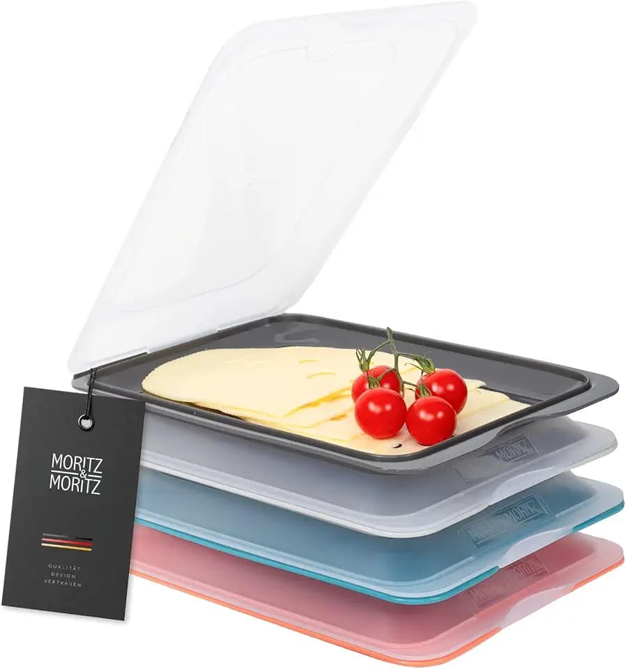 Moritz & Moritz 4er Set Aufschnittbox stapelbar – Frischhaltedosen mit Deckel zur Aufbewahrung von Wurst, Käse, uvm. – inkl. Tafelsticker zum Beschriften