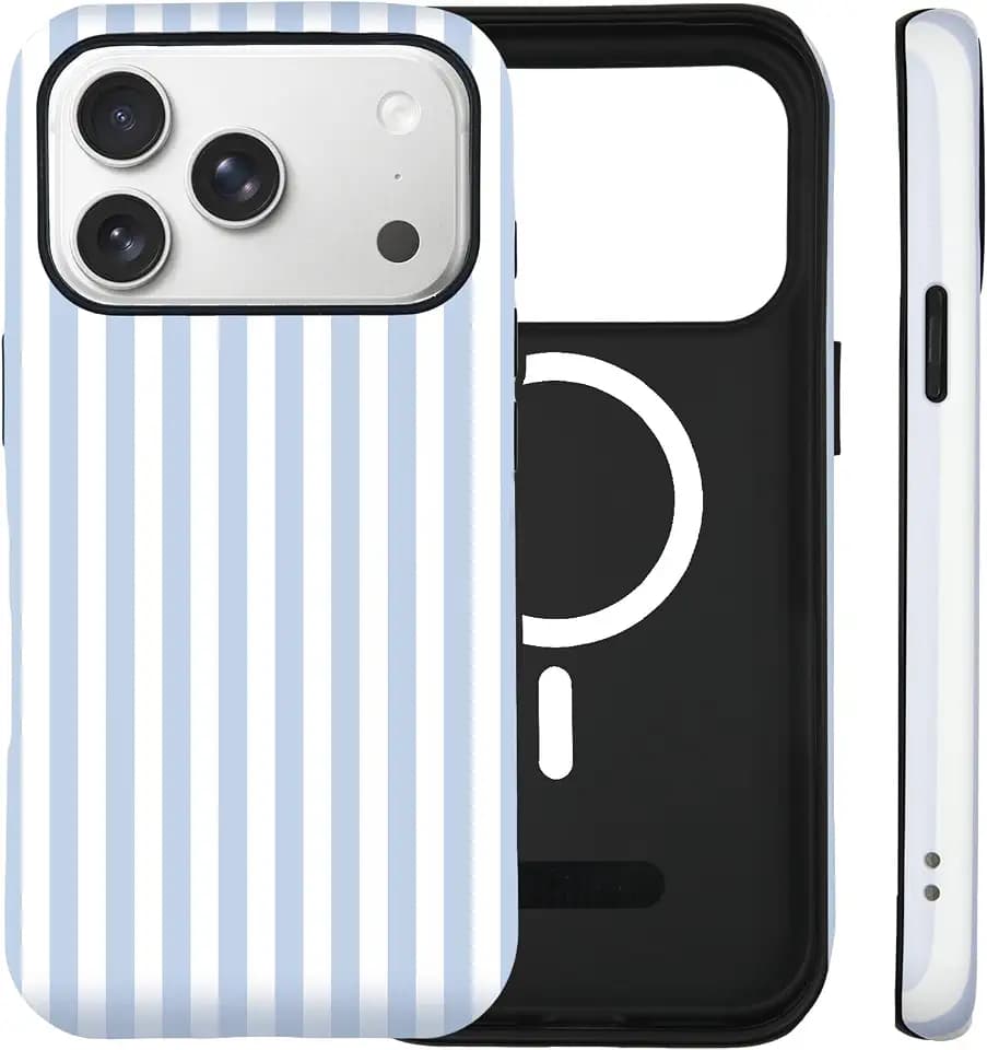 Magnetic Striped Phone Case for iPhone 18 Pro Max/17 Pro Max, Blue&White