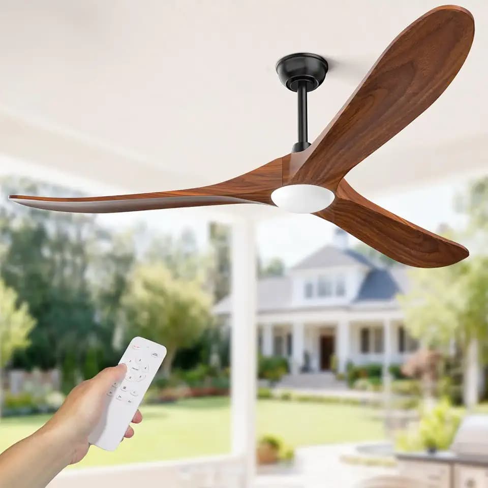 Obabala 60" Outdoor Ceiling Fan with Light and Remote, Solid Wood 3-Blade Ceiling Fan with DC Motor for Patio and Farmhouse, Dark Walnut