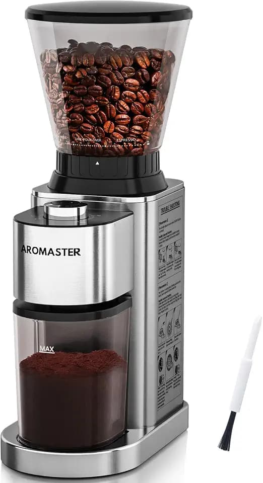 Aromaster Conical Coffee Bean Grinder, 48 Settings, Anti-Static, Sliver