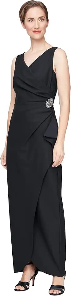 Alex Evenings Women's Slimming Long Side Ruched Dress with Cascade Ruffle Skirt