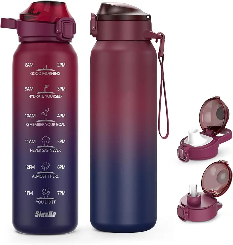 SLUXKE Insulated Water Bottle 32oz with 2Lids(Straw Lid & Spout Lid), 1L Double Walled Water Bottle with Time Marker, 1000ml Stainless Steel Metal Flask for Fitness, Gym and Outdoor RED BLACK