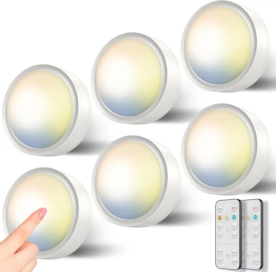 Dimmbar LED Spot Batterie mit Fernbedienung, Kabellos Vitrinenbeleuchtung LED Spots Batteriebetrieben Schrankbeleuchtung zum Kleben Unterbauleuchte küche Rund Ohne Kabel Schranklicht Regal Licht
