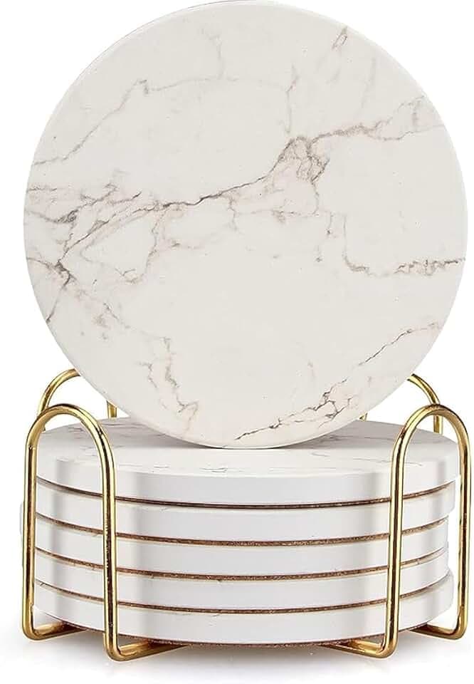 White Marble Coasters Set of 6 Absorbent Ceramic Cute Drink Coaster Holder