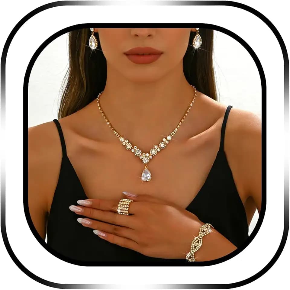 Rhinestone Jewelry Set Crystal Pearl Necklace Bracelet Earrings