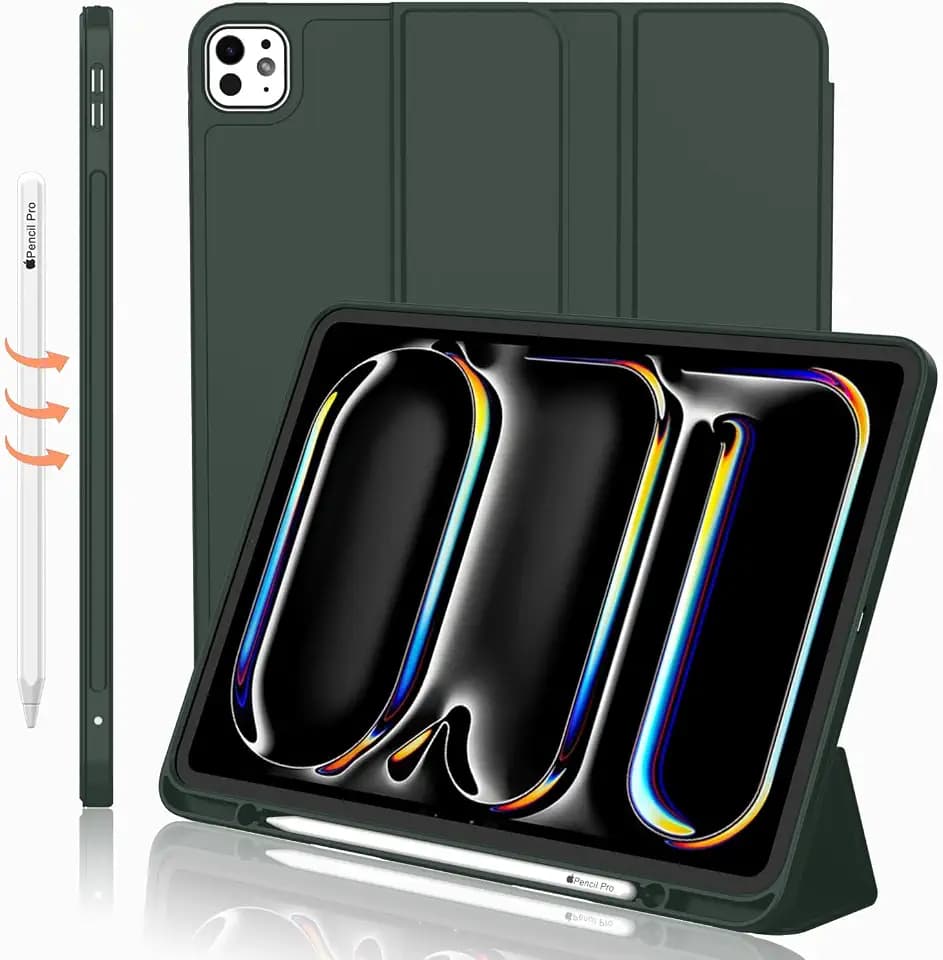 iMieet Case for iPad Pro 11 Inch (M5) 2025 /(M4) 2024 5th Gen, Trifold Stand Smart Cover with Pencil Holder and Soft TPU Back, Auto Wake/Sleep (Dark Green)