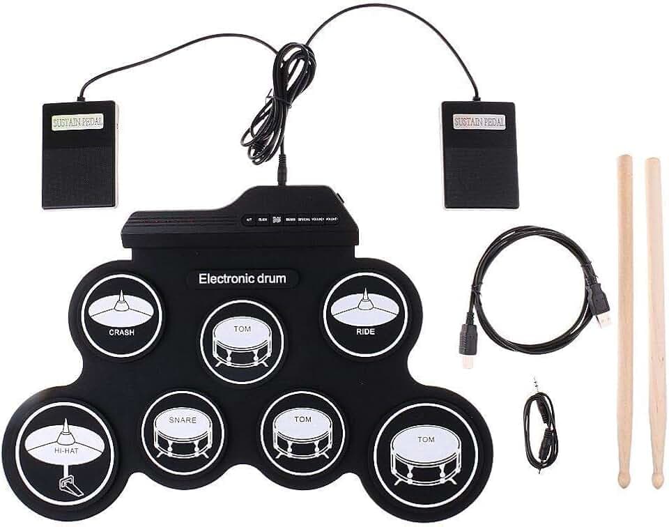 Schlagzeug elektronisch elektrische Trommel für Kinder anfänger, tragbare Digitale Faltbare Pads zum Aufrollen der Drums mit 2 Fußpedalen und Sticks für Jungen Mädchen Starter Geschenk