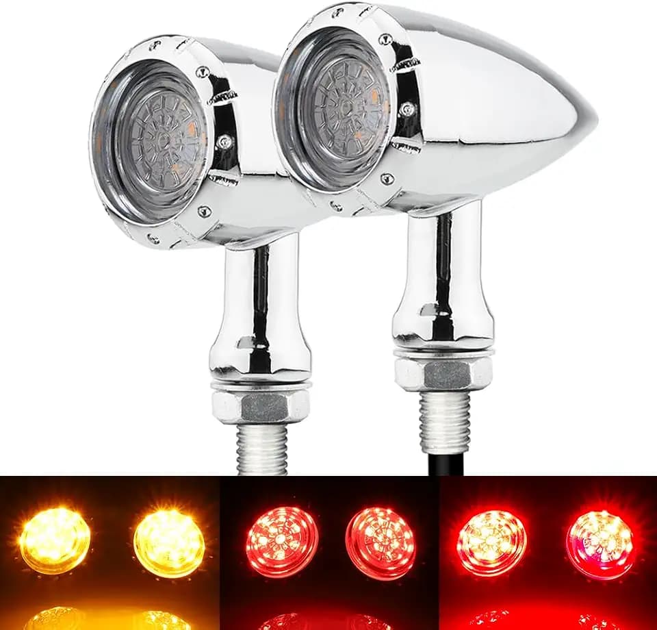 TSUNG 2PCS Motorcycle Rear Turn Signals LED Bullet SMD Blinkers Brake Tail Light Amber Red Indicators for Cruiser Chopper Bobber Cafe Racer Street Bike (SMD LED-4wire Chrome)