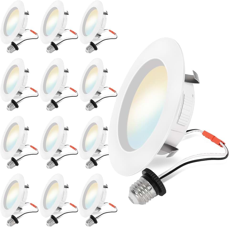 Energetic 4 Inch 5CCT Recessed Lighting, LED Can Lights for Ceiling, Dimmable Downlight, 5.4W, Equivalent 45W, 2700K/3000K/4000K/5000K/6500K Selectable, Damp Rated, Baffle Trim, ETL, 12 Pack