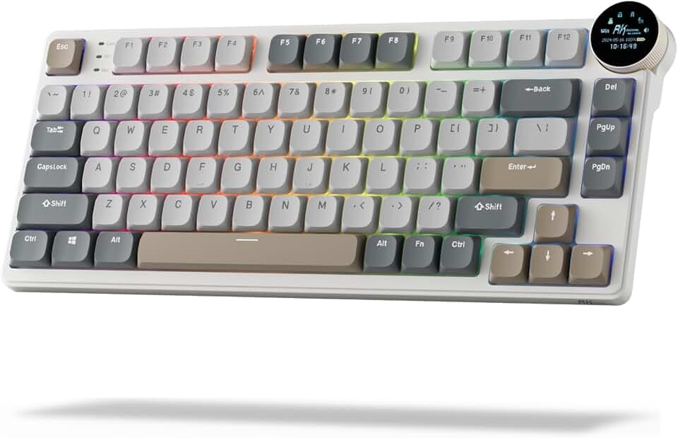 RK ROYAL KLUDGE N80 Low Profile Mechanische Tastatur mit Smart Display & Knopf, Top Mount 75% Kabellose Mechanische Tastatur BT/2.4G/USB-C, Software-Unterstützung, 80 Tasten, Braune Schalter